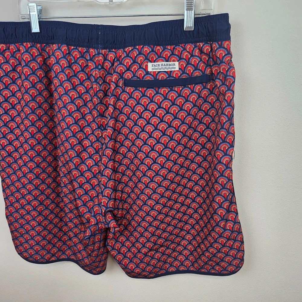 Fair Harbor Men Swim Trunks Red Blue Geometric Print Board Shorts Lined Size XXL